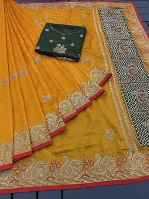CHAMUNDA CREATION Embroidered Bollywood Pure Silk Saree(Gold)