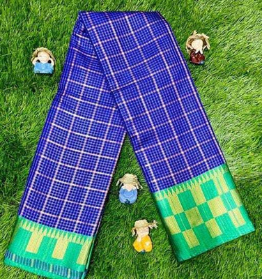 FashionPallavi Checkered Chettinadu Cotton Silk, Jacquard Saree(Multicolor, Green)