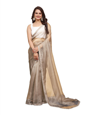 MK WOMENS Solid/Plain Bollywood Organza Saree(Beige)