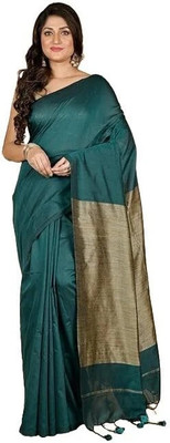 WeaveAura Solid/Plain Daily Wear Cotton Blend Saree(Silver)