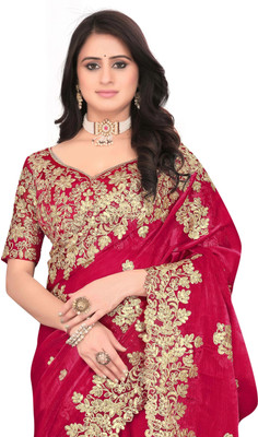 Mortile Designer Studio Embroidered Bollywood Georgette, Chiffon Saree(Red)