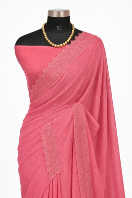 Trendy Fashion Embellished, Embroidered Banarasi Lycra Blend Saree(Pink)