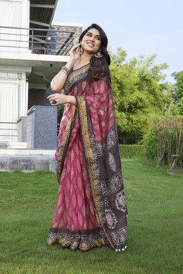 MIRCHI FASHION Printed, Blocked Printed, Embroidered Kantha Cotton Blend Saree(Pink, Magenta)