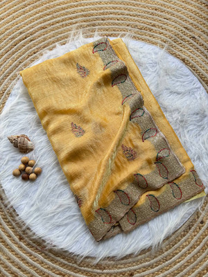 Zivastra Embroidered, Printed Banarasi Organza, Georgette Saree(Yellow, White, Black)