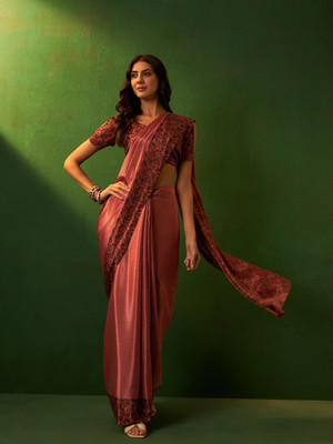 Vichitra Printed, Temple Border Daily Wear Crepe, Silk Blend Saree(Pink)