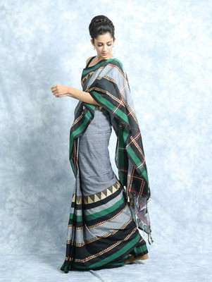Bong ButiQ Self Design Madhubani Handloom Cotton Blend Saree(Black, Grey)
