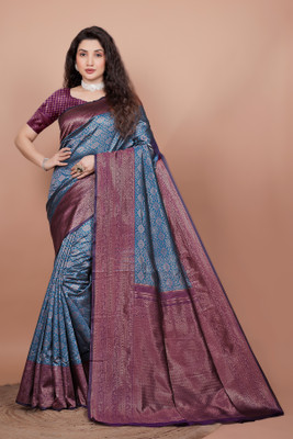 BuyNests Woven, Self Design Banarasi Silk Blend Saree(Blue, Purple)