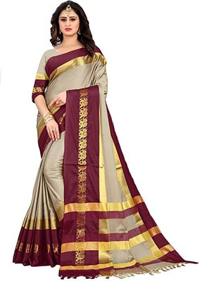 Hashir textile Embroidered Kanjivaram Cotton Silk Saree(Beige)