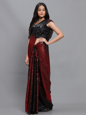 DDRS Fashion Embroidered, Striped Bollywood Georgette Saree(Red, Black)