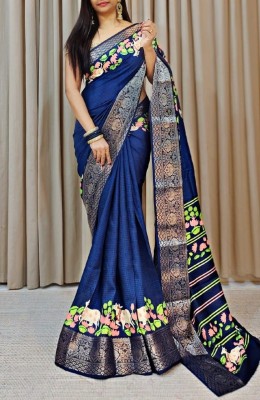 DIVINE DUST Self Design Jamdani Cotton Silk Saree(Dark Blue)