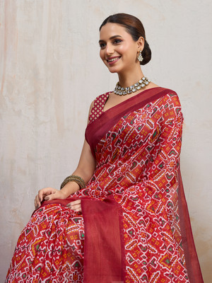 BFM Printed Bollywood Cotton Blend Saree(Red)