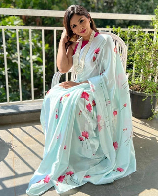 AVANSHEE Printed, Floral Print Bollywood Satin Saree(Light Blue)