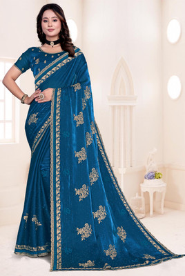 Dk Trendz Embroidered Bollywood Jimmy choo Saree(Dark Blue)