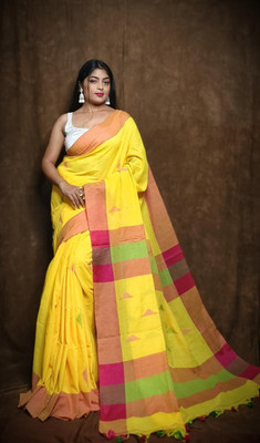 Rnn Saree Embroidered Handloom Pure Cotton Saree(Yellow)