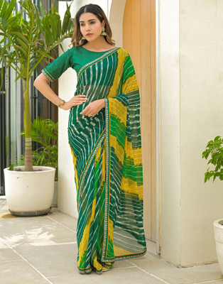Satrani Embellished, Striped Bollywood Georgette Saree(Green, Multicolor)