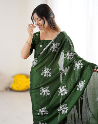 Satrani Embellished, Embroidered Bollywood Jimmy choo, Silk Blend Saree(Green)