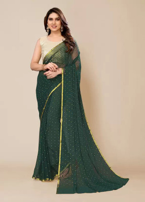 HouseOfCommon Self Design Bollywood Velvet, Chiffon Saree(Dark Green)