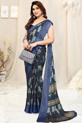 MIRCHI FASHION Printed, Floral Print Daily Wear Chiffon, Georgette Saree(Dark Blue, Grey)