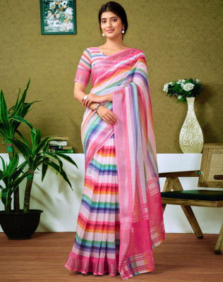 SIRIL Floral Print, Geometric Print, Embellished Bollywood Linen Saree(Multicolor)