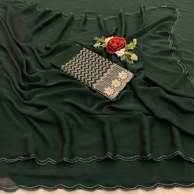 K 5 FASHION Solid/Plain Bollywood Chiffon Saree(Dark Green)
