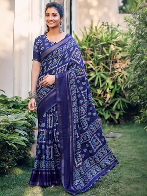 SareezaaStore Geometric Print Bollywood Cotton Linen Saree(Blue)