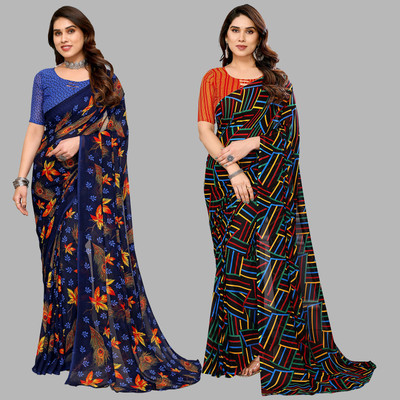 kashvi sarees Self Design, Printed Daily Wear Georgette Saree(Pack of 2, Dark Blue, Multicolor)