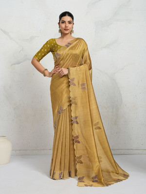 RekhaManiyar Solid/Plain Saree with Attached Blouse Tissue Saree(Yellow)