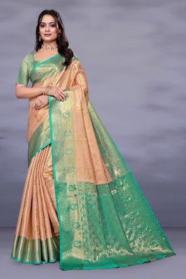 FABFIZA Woven Banarasi Chiffon, Silk Blend Saree(Cream, Green)