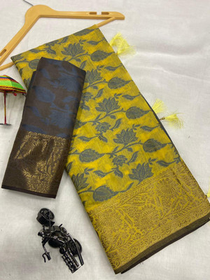 Kuwarika Floral Print Kanjivaram Art Silk, Pure Cotton Saree(Pack of 2, Yellow)