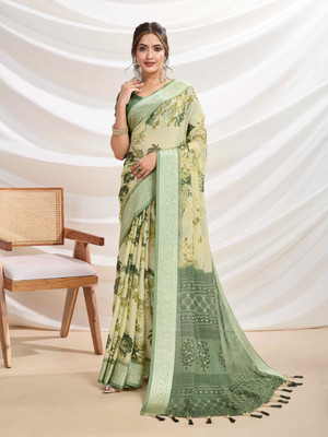 Tasrika Floral Print, Printed Bollywood Chiffon Saree(Light Green)