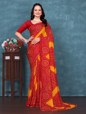 Anmi Printed Bandhani Georgette Saree(Pack of 2, Red)