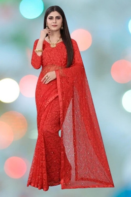 NEXA Solid/Plain Bollywood Net Saree(Red)