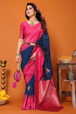 Soor Panchi Woven Kanjivaram Pure Silk Saree(Dark Blue)