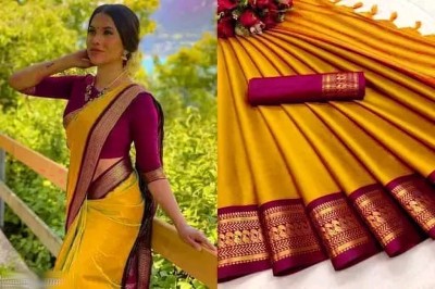 SSP TEX Temple Border Kanjivaram Cotton Silk, Silk Blend Saree(Yellow, Pink)