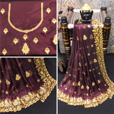 Mikhushop Embroidered Bollywood Supernet Saree(Maroon)
