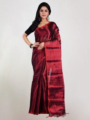 Shaw Creation Solid/Plain Handloom Handloom Tissue Saree(Red)