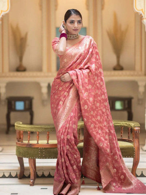 Parangi-A planet of style Woven Banarasi Cotton Silk Saree(Pink)