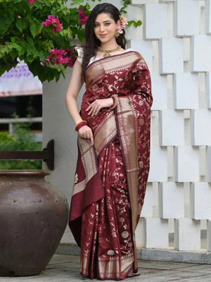 Parangi-A planet of style Woven Banarasi Cotton Silk Saree(Maroon)