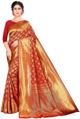 Nirvaan Polka Print Banarasi Cotton Silk, Jacquard Saree(Red)