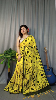 SARKARETHNIC Printed, Digital Print Tant Pure Cotton Saree(Yellow)