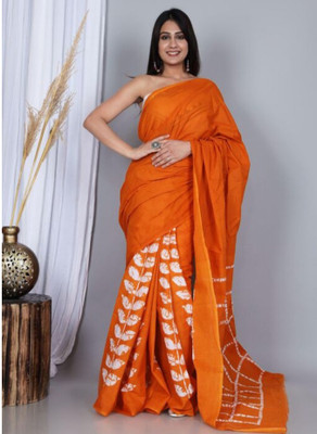 RAMNATHS Printed, Color Block, Blocked Printed Ikkat Pure Cotton Saree(Orange)