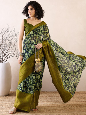 Sareemall Printed Bollywood Cotton Blend Saree(Dark Blue)