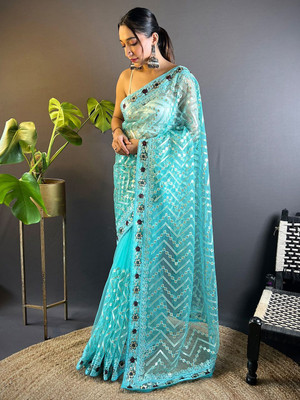 ANOUK Embellished Banarasi Net Saree(Blue)