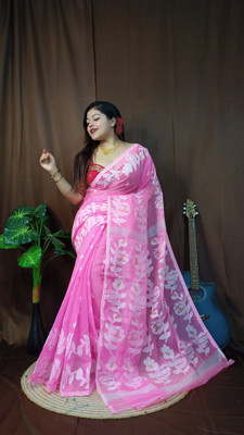 Rnn Saree Embroidered Jamdani Cotton Silk Saree(Pink)
