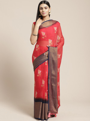 Saanjh Floral Print Saree with Attached Blouse Georgette Saree(Red)