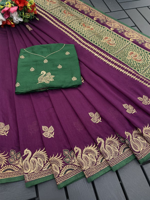 CHAMUNDA CREATION Embroidered Bollywood Pure Silk Saree(Purple)