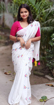 ANU INDIAN FASHION Embroidered Handloom Cotton Blend Saree(White)