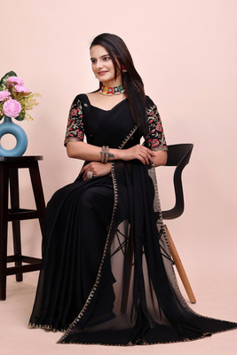 KONICA FAB Self Design, Solid/Plain, Embroidered Bollywood Chiffon Saree(Black)