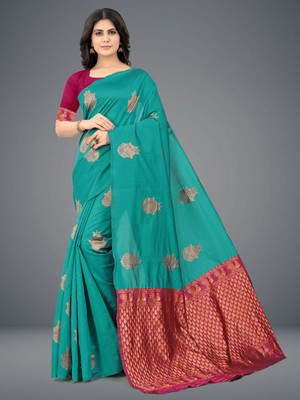 Om Shantam sarees Self Design, Woven Kalamkari Art Silk, Jacquard Saree(Light Blue, Multicolor)