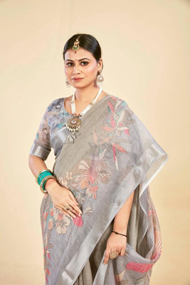 Rachna Printed Daily Wear Linen Saree(Grey)